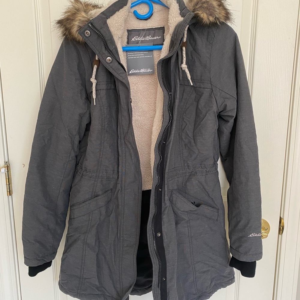 Eddie Bauer Women's Charcoal Winter Jacket with Faux Fur Trim